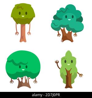 Insieme di diversi alberi antropomorfi. Personaggi divertenti in stile cartoon. Illustrazione Vettoriale