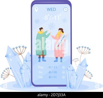 Schermata dell'app vettoriale per smartphone con cartoni animati a basse temperature Illustrazione Vettoriale