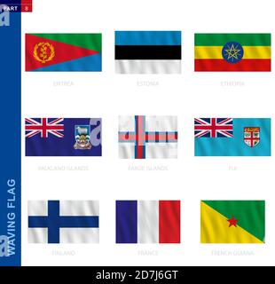 Raccolta di bandiere sventolanti in proporzione ufficiale. 9 bandiere vettoriali: Eritrea, Estonia, Etiopia, Isole Falkland, Isole Faroe, Figi, Finlandia, Francia, Francia, Fre Illustrazione Vettoriale