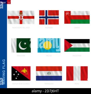 Raccolta di bandiere sventolanti in proporzione ufficiale. 9 bandiere vettoriali: Irlanda del Nord, Norvegia, Oman, Pakistan, Palau, Palestina, Papua Nuova Guinea, Paraguay, Illustrazione Vettoriale