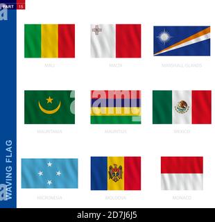 Raccolta di bandiere sventolanti in proporzione ufficiale. 9 bandiere vettoriali: Mali, Malta, Isole Marshall, Mauritania, Mauritius, Messico, Micronesia, Moldavia, Mona Illustrazione Vettoriale