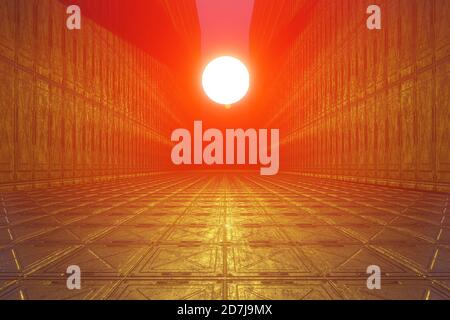 3D rendering Ilustration tramonto su Alien Planet illuminando strana architettura Foto Stock