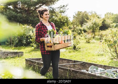 Giovane donna sorridente che porta in comunità una cassa di legno con verdure giardino Foto Stock