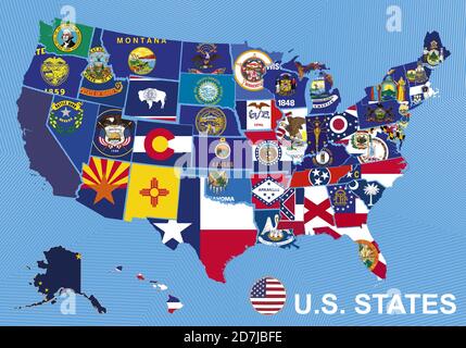 USA mappa con bandiere di stati, su sfondo blu con Alaska e Hawaii Illustrazione Vettoriale