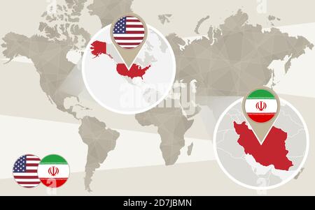 Mappa del mondo zoom su USA, Iran. Illustrazione vettoriale. Illustrazione Vettoriale