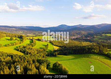 Vista sul drone della valle di Lamer Winkel in estate con Kleiner Montagne Arber e Grosser Arber in lontananza Foto Stock