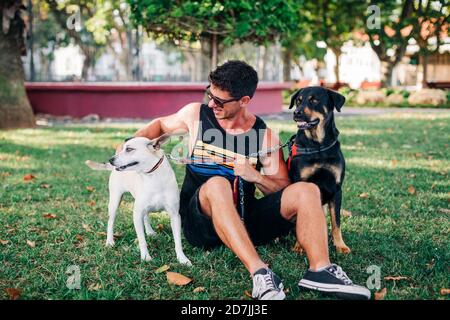 Uomo che indossa occhiali da sole con cani seduti su terra erbosa in parcheggio Foto Stock