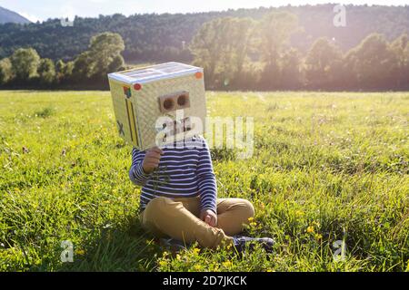 Ragazzo con scatola di cartone sulla faccia che tiene il fiore mentre si siede su erba in prato Foto Stock