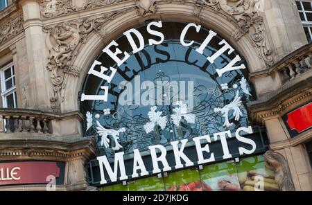 Ingresso ai Leeds Kirkgate Markets, Leeds, West Yorkshire, Inghilterra. Foto Stock