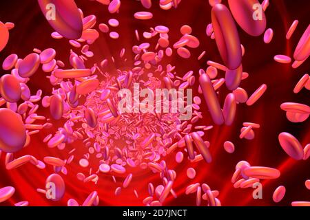 Rappresentazione 3D delle cellule dell'emoglobina fluttuanti nel flusso sanguigno Foto Stock