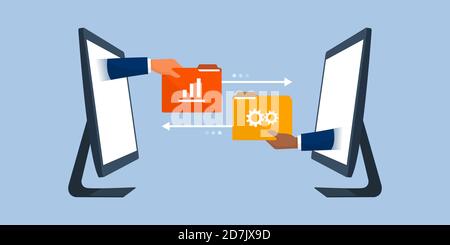Team aziendale che lavora in remoto e scambiando file online, concetto di strumenti di trasferimento dati Illustrazione Vettoriale