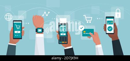 Pagamenti elettronici e transazioni sicure: Persone che pagano con dispositivi mobili e carta di credito Illustrazione Vettoriale