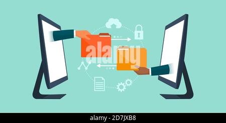 Team aziendale che lavora in remoto e scambiando file online, concetto di strumenti di trasferimento dati Illustrazione Vettoriale