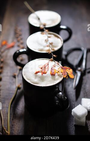 Cappuccino d'autunno. Caffè d'inverno. Bevanda dolce. Cibo sano e bevanda. Crema a basso contenuto di grassi. Foto Stock