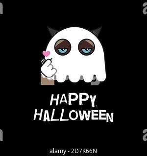 Gatto grumpy in costume fantasma. Halloween felice Illustrazione Vettoriale