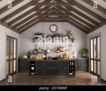 Cucina in stile retrò con isola in una camera con legno capriate del tetto - rendering 3d Foto Stock