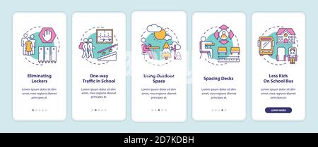 Schermata delle regole di sicurezza per le scuole Covid onboarding della pagina dell'app mobile con concetti Illustrazione Vettoriale