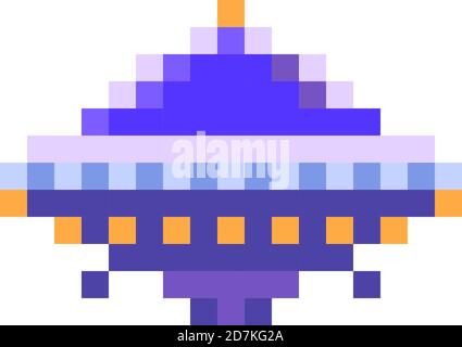 Carino spazio viola invasore UFO, nemico di gioco in pixel art stile su bianco Illustrazione Vettoriale