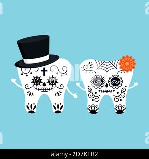 Carino dente con messicano giorno del cranio morto trucco costume isolato vettore icona set. Illustrazione Vettoriale