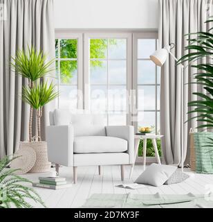 Moderno salotto bianco, design interno con poltrona bianca e decorazione verde 3D Render illustrazione 3D Foto Stock