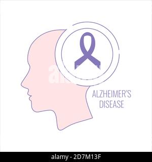 Morbo di Alzheimer, illustrazione concettuale. Il poster della malattia di Alzheimer della silhouette di una donna e nastro di consapevolezza viola su sfondo bianco. Foto Stock
