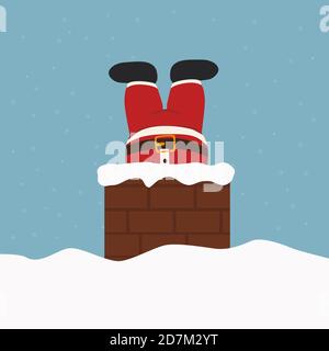 Babbo Natale bloccato nel camino sul tetto. Natale e Capodanno. Spazio di copia per testo o disegno. Illustrazione vettoriale degli stili piatti Illustrazione Vettoriale
