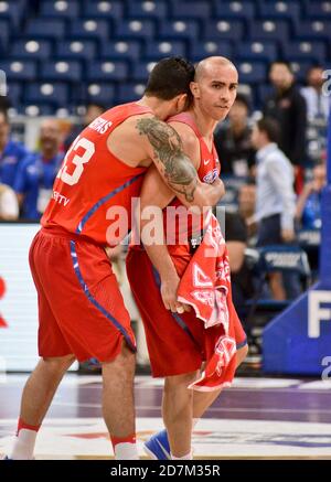 Carlos Arroyo e David Huertas. Squadra di pallacanestro di Porto Rico. Torneo OQT di FIBA, Belgrado 2016 Foto Stock