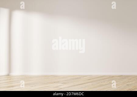 Parete bianca vuota con pavimento in legno a spina di pesce. Immagine 3d simulata. Foto Stock