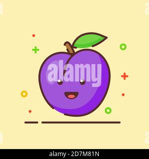 Prugna mascotte carino viso emozione frutta felice con colore piatto stile del contorno del cartone animato Illustrazione Vettoriale