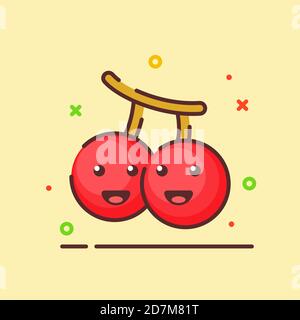 Ciliegia mascotte carino faccia emozione frutta felice con colore piatto stile del contorno del cartone animato Illustrazione Vettoriale