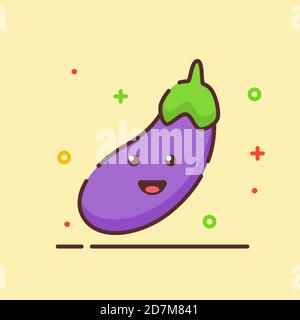 Melanzane carino mascotte viso emozione frutta verdura felice con colore stile contorno cartoon piatto Illustrazione Vettoriale