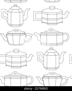 Motivo bianco e nero senza cuciture con tettarelle in argilla di contorno in fila. Cerimonia del tè cinese. Disegno lineare dei bollitori. Texture vettoriale per sfondi, bac Illustrazione Vettoriale