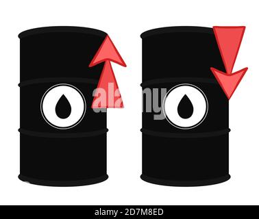 Aumento e diminuzione dei prezzi del mercato petrolifero. Serie di illustrazioni vettoriali della canna dell'olio e freccia rossa su e giù. Aumento della domanda. Mancanza di carburante. Illustrazione Vettoriale