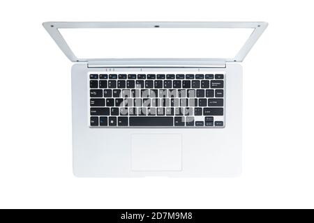 Computer portatile grigio argento notebook vista dall'alto isolato su sfondo bianco. Foto Stock