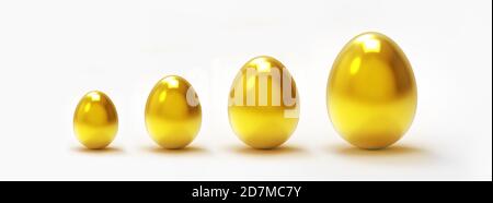 Cinque Golden Egg di varie dimensioni che rappresentano la sicurezza finanziaria contro uno sfondo bianco Foto Stock