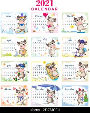 Calendario dei bambini per il 2021 - anno di bull. I tori simpatici si divertono e si rilassano. Modello vettoriale cartoon per calendario o pianificatore. Illustrazione Vettoriale