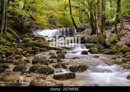 Un bellissimo ruscello di montagna con una piccola cascata nella foresta d'autunno orizzontale Foto Stock