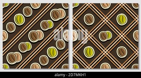Vector Coffee Seamless Patterns, 2 sfondi quadrati ripetitivi, set di illustrazioni isolate di chicchi di caffè su sfondo scuro, compatibile s Illustrazione Vettoriale