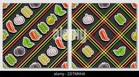 Vector Vegetable senza giunture, 2 sfondi vegetariani a ripetizione quadrata, set di illustrazioni isolate di verdure su sfondo scuro, compatibile Illustrazione Vettoriale