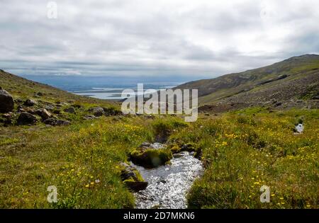 La grande montagna con cima piatta che si affaccia grande e orgogliosa attraverso la baia di Faxafloi è il Monte Esja, che si erge circa 914 metri sopra il livello del mare. Foto Stock