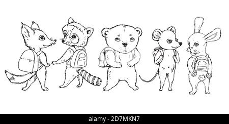 Collezione di animali: volpe, procione, orso, topo e coniglio con borse da scuola sulle spalle, doodle disegnate a mano, schizzo, illustrazione del contorno Foto Stock