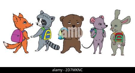 Collezione di animali: volpe, raccoon, orso, mouse e coniglio con borse da scuola sulle spalle, doodle disegnato a mano, schizzo, illustrazione a colori Foto Stock