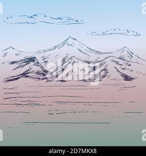 Montagne e nuvole paesaggio, doodle disegnati a mano, schizzo, illustrazione su colori tenui sfondo Foto Stock