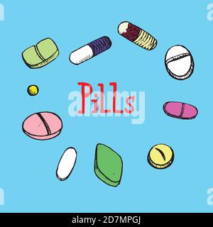 Pillole colorate intorno all'iscrizione, schizzo di doodle disegnato a mano, illustrazione di colore isolata su sfondo blu Foto Stock