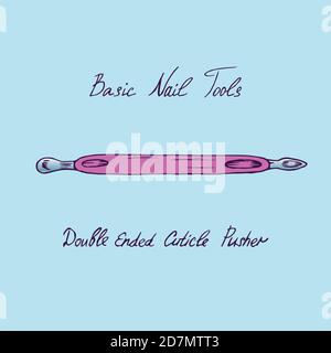 Strumenti di base per chiodi, spintore per cuticola a doppia estremità rosa, schizzo di doodle disegnato a mano con iscrizione, illustrazione isolata Foto Stock