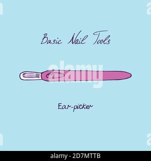 Strumenti di base per unghie, orachiatrice rosa, schizzo di doodle disegnato a mano con iscrizione, illustrazione isolata Foto Stock