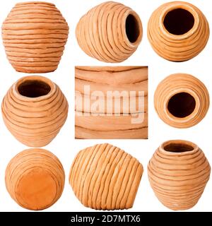 Raccolta di immagini con pentola di ceramica a spirale non lazata fatta a mano in argilla rossa isolata su sfondo bianco. Vaso Teracota. Basi di ceramica. Foto Stock