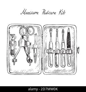 Strumenti di base per unghie, manicure, kit pedicure, schizzo di doodle disegnato a mano con iscrizione, illustrazione a colori isolata Foto Stock