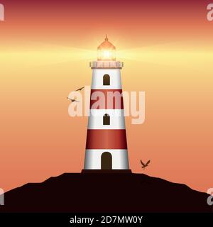 Faro luminoso al tramonto con uccelli volanti vettore illustrazione EPS10 Illustrazione Vettoriale