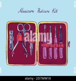 Strumenti di base per unghie, manicure classica rossa, kit pedicure, schizzo di dodle disegnato a mano con iscrizione, illustrazione a colori isolata Foto Stock